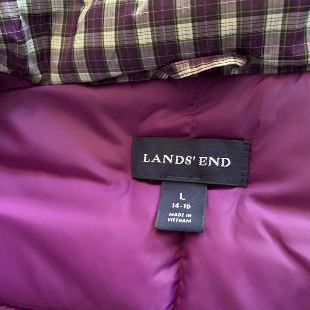 Land’s End Purple Plaid Down Filled Vest Sz Large - Picture 2 of 7